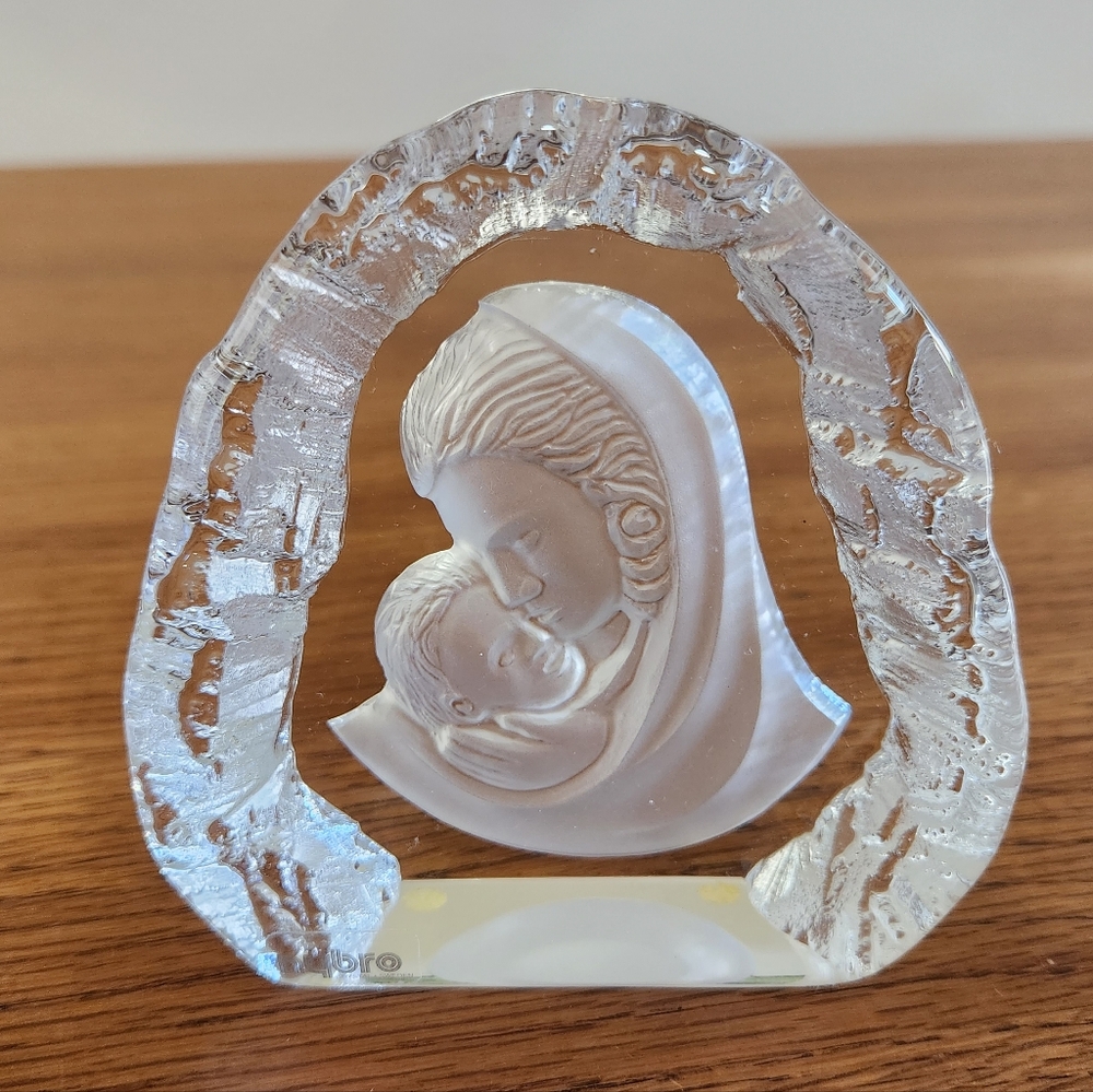 Nybro Sweden Crystal Relief Clear Art Glass Mother and Child Virgin Mary Jesus